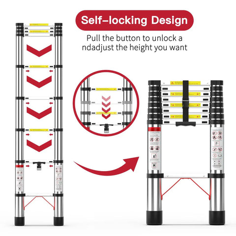 8.5 Ft Telescoping Aluminum Ladder With 330 Lb Capacity, Foldable Retractable Extension Ladder For Home Chores Attic Roof RV And Outdoor Cleaning, Stable Locking System For Safe Easy Climb self-locking design shown folded and extended