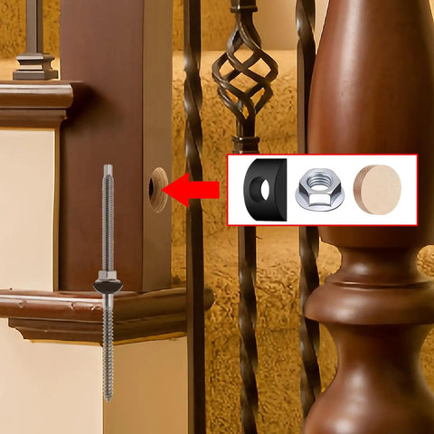 Heavy Duty Two Pack Wood Newel Post Mounting Kit With Rust Proof Steel Lag Bolts Curved Washers And Premium White Oak Plugs showing installation details.