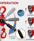 Red manual lever chain hoist with black grip handle and 360° rotating hooks for lifting
