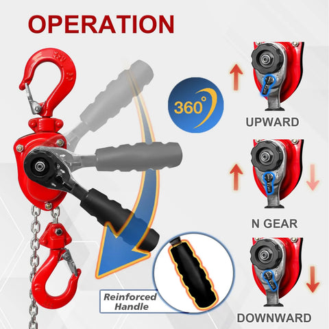Red manual lever chain hoist with black grip handle and 360° rotating hooks for lifting