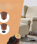 4 Pack 15cm Solid Wood European Style Furniture Legs Replacement Feet for Sofa, shown with mounting details and attached to armchair.