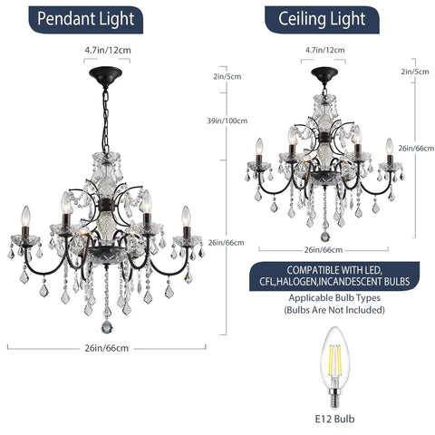Black Finish Crystal Candle Candelabra Chandelier With Six Light LED Pendant Fixture for 26in Diameter Rooms, Hanging Chain