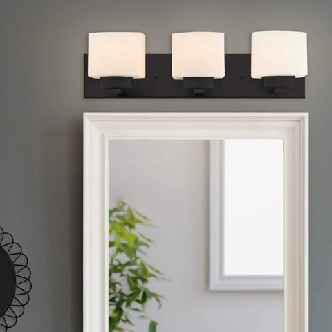 Dimmable Matte Black Vanity Light With Frosted Glass Shades, Three Light Bathroom Fixture, 24 Inch Wide, Modern Backplate Design