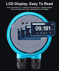 Front view of Ultrasonic Water Level Sensor With Digital LED Display And Plug And Play Setup For 0-5 m Range 4-20mA Analog Output Tank.