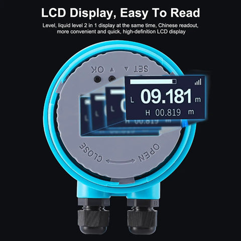 Front view of Ultrasonic Water Level Sensor With Digital LED Display And Plug And Play Setup For 0-5 m Range 4-20mA Analog Output Tank.