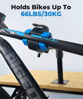 Heavy Duty Bike Repair Stand With Bench Mount For Home Garage Use easy clamp holding bicycle frame in black and blue color.