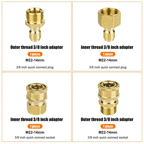 Four brass M22-14mm to 3/8 in pressure washer adapters with outer and inner thread quick-connect fittings