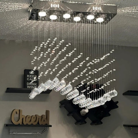 Modern Wave Rectangular Crystal Raindrop Chandelier With Chrome Finish Flush Mount Pendant Lighting for dining room.