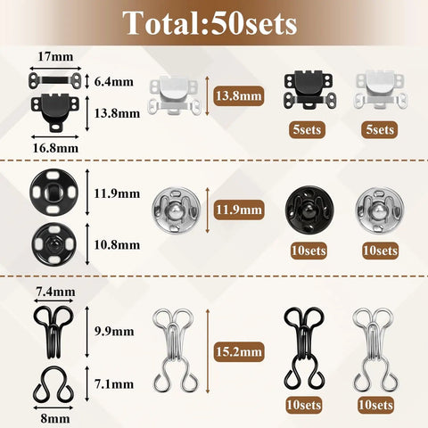 All-In-One Hook And Eye Sewing Kit With Bra, Skirt And Snap Fasteners, Three Styles, Two Colors displayed separately.