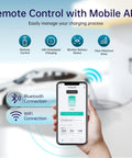 Person holding phone with app controlling Level 2 EV Charger for Home Use With 14-50 Plug 40A High Current Output.