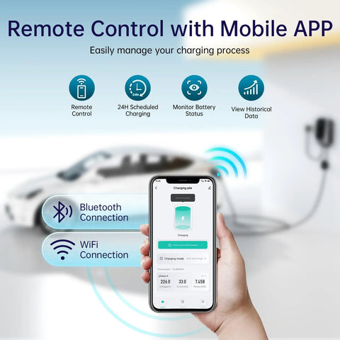 Person holding phone with app controlling Level 2 EV Charger for Home Use With 14-50 Plug 40A High Current Output.