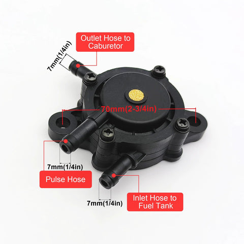 Easy Install Fuel Pump With Filter And Hose Kit For Kohler Kawasaki Honda Briggs And Stratton Cub Cadet MTD And More Fits Mikuni Pumps For Honda GX Series And GCV Engines In Lawn Mowers showing outlet, pulse, and inlet hoses.