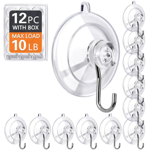 Rock Solid Invisible Suction Cup Hooks Twelve Pack Clear Reusable Removable Stainless Steel Design Holds Ten Pounds Straight Up Tough No Trace Marks Dead Sure Grip For Shower Tile Glass Window Kitchen Bathroom