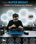 Man working under Six Sided LED Garage Light With Five Grid Panels Hella Bright 26520 Lumens Natural White 6500K indoors
