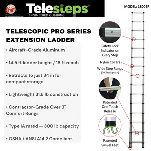 Pro Series Wide Step Telescoping Extension Ladder With 14.5 Foot Height And 18 Foot Reach, Type 1A 300 Pound Rated, Pro Grade For Commercial Roof Access And Industrial Maintenance. Aluminum ladder with safety lock indicators.