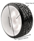 1/10 Scale RC Drift Tires With 12mm Hex Hub For On Road Touring Wheels, tire measurements shown and slick tread visible