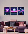Neon Cyberpunk City Wall Art Set, 3 Panels, 12x16 Inches, Teen Boy Room Decor, Cars Driving Through Neon Suburbs, Living Room Display