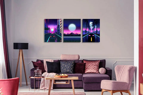 Neon Cyberpunk City Wall Art Set, 3 Panels, 12x16 Inches, Teen Boy Room Decor, Cars Driving Through Neon Suburbs, Living Room Display