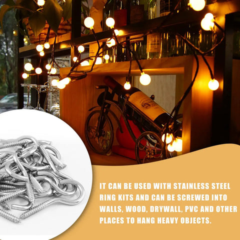 Built Like A Tank M4 X 50Mm Stainless Steel Screw Hooks, 2 Inch Heavy Duty Eye Bolts With Wall Plugs, Rust Proof Hanging Hardware For Shop Rigs And Basement Storage, 24 Pack Solid As A Rock with decorative lights.