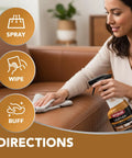 Woman cleaning leather sofa with spray, cloth, and Leather Cleaner And Conditioner That Deep Cleans, Brings Back Soft Supple Leather And Guards Against Cracking And Fading With UV Protection For Cars, Sofas, Shoes, Bags, And All Finished Leather Surfaces.