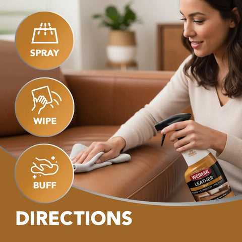 Woman cleaning leather sofa with spray, cloth, and Leather Cleaner And Conditioner That Deep Cleans, Brings Back Soft Supple Leather And Guards Against Cracking And Fading With UV Protection For Cars, Sofas, Shoes, Bags, And All Finished Leather Surfaces.