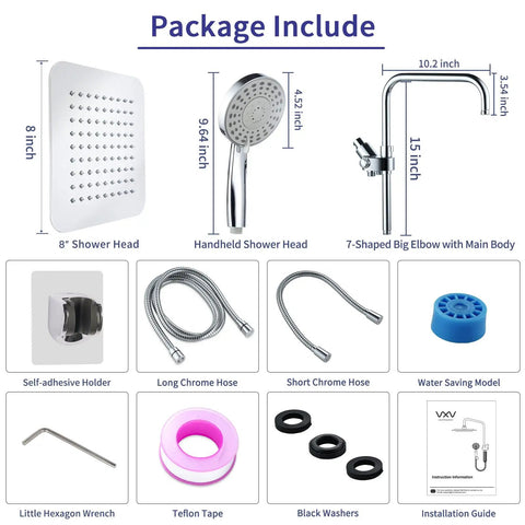 Rainfall Dual Shower Head Combo With 8-Inch Rain Head And 5-Function Handheld Spray, Adjustable Slide Bar, 71-Inch Stainless Steel Hose shown in parts