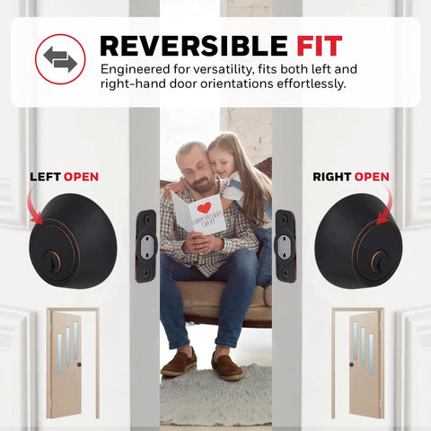 Double Cylinder Deadbolt Lock With Reversible Design For Left Or Right Handed Doors, shown in left and right orientations.