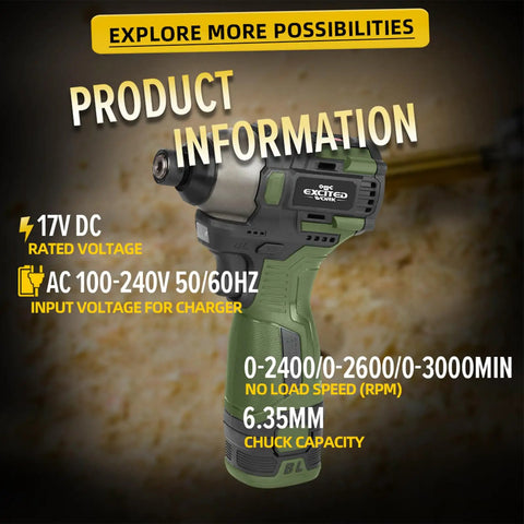 17V Brushless Cordless Screwdriver Drill Set With 140Nm Impact Driver And 55Nm Drill displayed with product specifications
