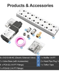 Eight-Station Solenoid Valve Manifold Kit, Heavy-Duty 12V DC 3 Way 2 Position Pneumatic Air Valves, model 3V210-08 parts layout.