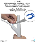 Hands installing Drain Line Adapter With Quick Connect For Water Filter And Dishwasher Drain Hose No Hassle Install Easy For RO Systems Fits One Quarter Inch Quick Connect And Seven Eighth Inch Fittings In Garbage Disposal Line.
