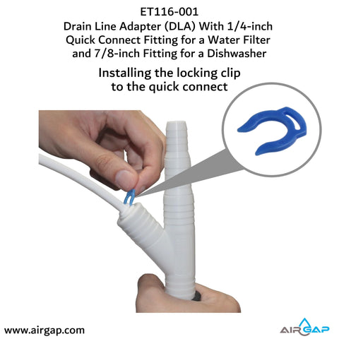 Hands installing Drain Line Adapter With Quick Connect For Water Filter And Dishwasher Drain Hose No Hassle Install Easy For RO Systems Fits One Quarter Inch Quick Connect And Seven Eighth Inch Fittings In Garbage Disposal Line.