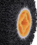 Close-up of abrasive drum wheel for paint and rust removal, 40 grit polishing wheel for wood and metal surfaces, 4.5 by 4 inch