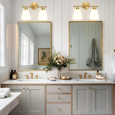 Dope Gold Bathroom Vanity Light Fixture With Frosted Glass Shade Two Light Over Mirror Vanity Lighting Brass Wall Lamps shown mounted