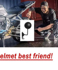 180 Degree Rotating Motorcycle Helmet Rack Wall Mount With 2 Hooks Beefy Steel Heavy Duty Hanger shown near motorcycle