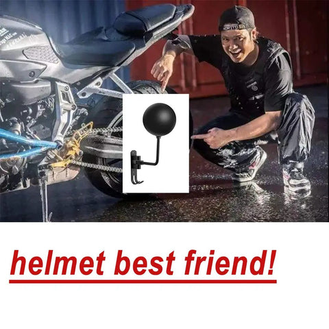 180 Degree Rotating Motorcycle Helmet Rack Wall Mount With 2 Hooks Beefy Steel Heavy Duty Hanger shown near motorcycle
