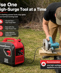 Man using circular saw powered by 2500W Portable Inverter Generator Gas Powered Quiet And Parallel Ready With 30A Outlet CO Guard RV Ready