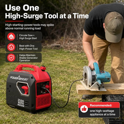 Man using circular saw powered by 2500W Portable Inverter Generator Gas Powered Quiet And Parallel Ready With 30A Outlet CO Guard RV Ready