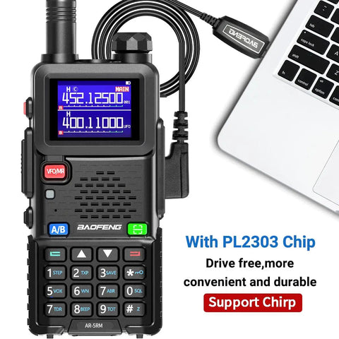 Long Range Handheld Two Way Radio 10W Rechargeable With NOAA Weather Emergency Mode showing connected programming cable