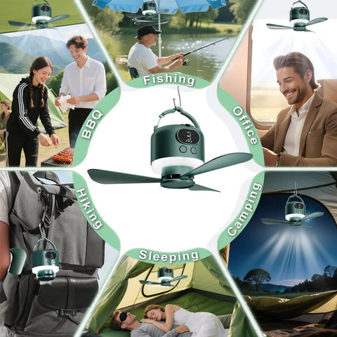 11 Inch Wireless Portable Camping Fan With Light And Remote 10040mAh Battery USB Rechargeable Power Bank Hanging Ceiling Fan For Camping RV And Outdoors 3 Speed Settings Green shown in various outdoor and indoor settings.
