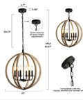 Six Light Orb Farmhouse Chandelier In Brown Wood Globe Handcrafted Solid Wood Light Fixture For Your Dining Room, Living Room, Bedroom, Kitchen Island And Foyer, 20 Inch Diameter Cozy Rustic Vibe displayed with detailed measurements and chain features.