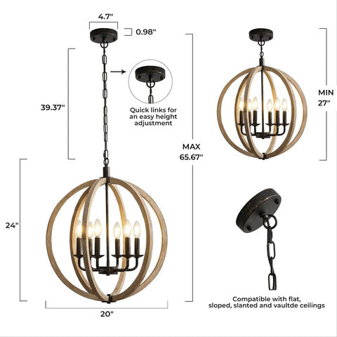 Six Light Orb Farmhouse Chandelier In Brown Wood Globe Handcrafted Solid Wood Light Fixture For Your Dining Room, Living Room, Bedroom, Kitchen Island And Foyer, 20 Inch Diameter Cozy Rustic Vibe displayed with detailed measurements and chain features.
