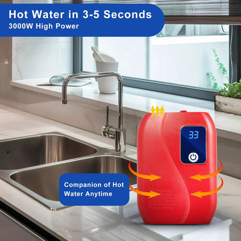 Ultra Compact Electric Tankless Water Heater 3000W 110V Under Sink Instant Hot Water Wall Mount System in kitchen setting.