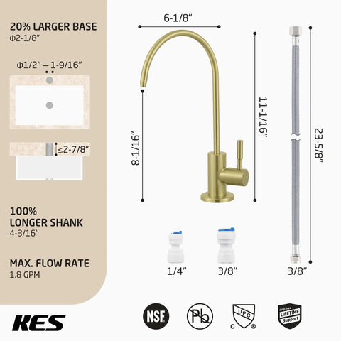 Diagram of RO Water Filter Faucet for Home Kitchen Use No Fuss Non Air Gap Style, Brushed Gold Finish with dimensions and parts