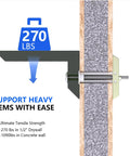 Diagram showing Heavy Duty Hollow Wall Anchor Kit With Included 1/4-20 Bolts installed in drywall, holding up to 270lbs.