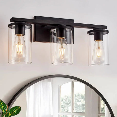 Three Light Vanity Light Fixture With Clear Glass Shades Slick Matte Black Wall Sconce For Bathroom Mirror