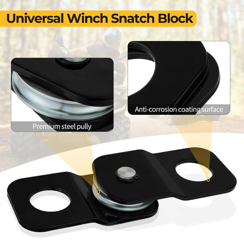 Beefed-Up 8000 Lbs Winch Snatch Block For ATV UTV Universal Heavy Duty Rope Pulley With Black Coating Fits 3/16 To 5/16 Inch Cable, black steel pulley