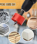 Bi Metal Hole Saw Kit, 9 Piece Set With HSS Cutter, Arbor And Pilot Bit shown drilling materials like PVC, wood, and drywall