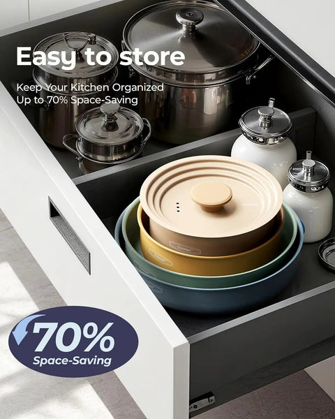 Ceramic Cookware Set With Detachable Handles Nonstick Pots And Pans 12 Piece RV Kitchen Kit in organized drawer space.
