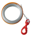 Beefy Heavy Duty 3/8 Inch By 100 Foot Steel Winch Cable With 15,200 Lbs Breaking Strength, featuring a swivel hook for towing.