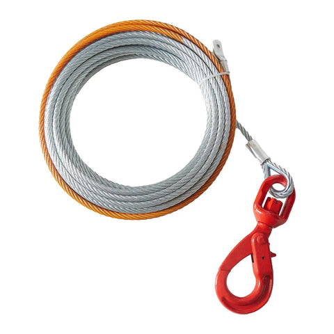 Beefy Heavy Duty 3/8 Inch By 100 Foot Steel Winch Cable With 15,200 Lbs Breaking Strength, featuring a swivel hook for towing.